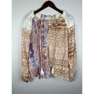 Easel Boho Oversized Women's Blouse, Lace, Patchwork, Size Small